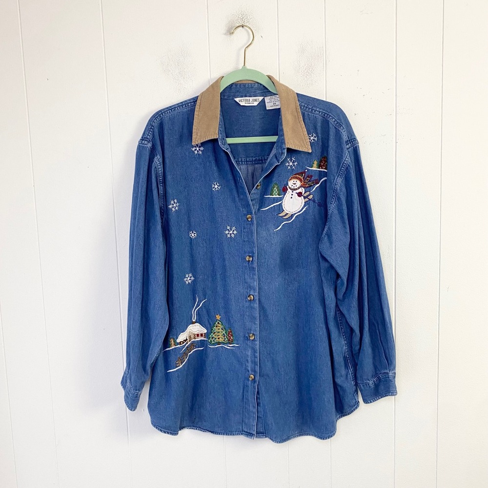 VTG Victoria Jones Denim Christmas Shirt Snowman Embroidered Corduroy Collar 2X